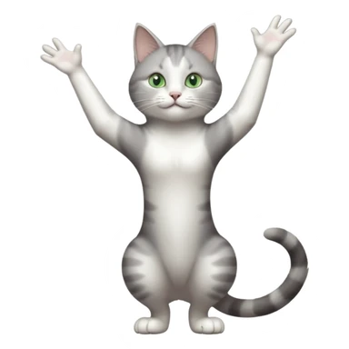 grey and white cat with green eyes doing a big long stretch reaching up into the air with arms and legs side by side together sticker