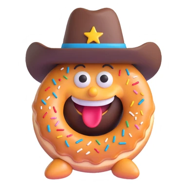 happy doughnut with a big grin and a cowboy hat, fun emoji style sticker