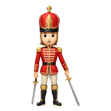 3D emoji of a majestic
Nutcracker soldier standing in front of a stylized Bolshoi Theatre facade. Snowy winter atmosphere, theatrical gold and red colors. High-quality 3D render, glossy plastic and wood textures, isolated on a white background. sticker