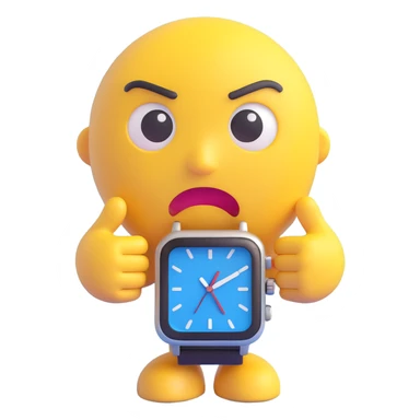 A yellow emoji face with a worried expression, looking at a wristwatch with raised eyebrows, showing urgency and stress sticker
