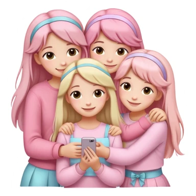 "Four girls hugging each other, all wearing soft pink clothes, two with long hair and two with shoulder-length short hair, smiling, cute iPhone emoji style, with hair accessories like headbands or ribbons, pastel color palette, soft shading, white background" sticker