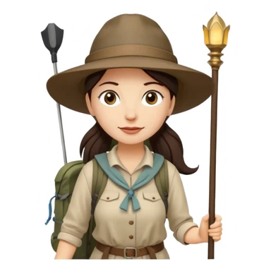 White women, long dark brown hair in ponytail with wide brim hiking hat. Walking with backpack and trekking poles.  She is a pilgrim on the Camino Frances on her way to Santiago de Compostela sticker