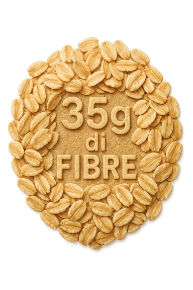 FIOCCHI DI AVENA VISTI DALL'ALTO E LA SCRITTA "35g di FIBRE" IN RILIEVO, IPERREALISTICO 4K sticker