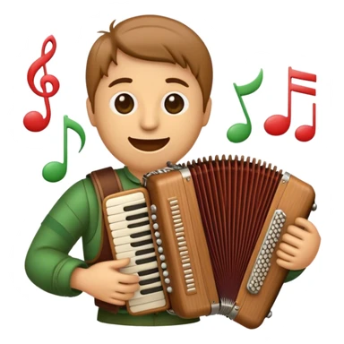Create a warm and inviting emoji representing folk singing. The design should feature a traditional microphone, perhaps with a wooden texture, symbolizing the rustic and authentic feel of folk music. Surround the microphone with subtle elements such as a hand-played tambourine, an accordion, or a balalaika to reflect the folk instruments. Add flowing musical notes to symbolize the vocal melodies. Use earthy, natural colors like browns, reds, and greens to evoke a sense of tradition, warmth, and connection to the community. The background should be transparent. sticker