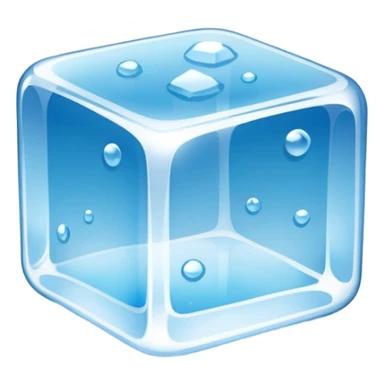 A single transparent ice cube with smooth rounded edges, highly detailed, crystal-clear with tiny air bubbles inside, glossy reflections, cool blue tones, soft shine on the surface, realistic lighting, floating on a clean blue background, ultra-high resolution, 3D look, sharp details sticker