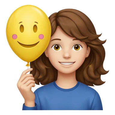 Teen wavy brown hair, with smiley-face balloon sticker