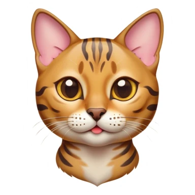Cinematic Cute Bengal Cat Portrait Emoji, Playful and charming, sleek spotted brown and gold tones, Simplified yet adorable features, highly detailed, glowing with a warm, friendly glow, high shine, curious and affectionate, stylized with a touch of whimsy, head tilted in a playful and inquisitive manner, soft glowing outline, capturing the essence of a mischievous yet loving kitten, so endearing it feels like it could pounce out of the screen and play! sticker