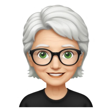 White hair grandma, green eyes, hair to shoulder, lokeg black glasses, rectangles face, smile , sticker
