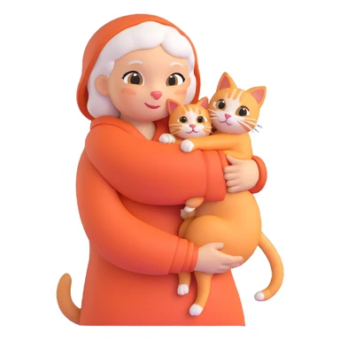 Show only one cat in the grandmother's arms, 3d emoji style, with no background (transparent) sticker