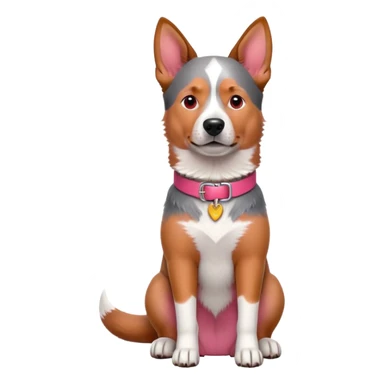 3D style Australian cattle dog with red coat sitting upright, facing forward, wearing a pink collar sticker