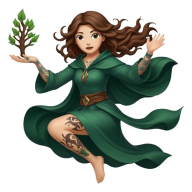 forest mage woman long wavy brown hair tattoos drawing symbol mid-air sticker