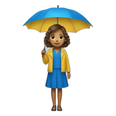 a girl in a yellow dress with a blue umbrella sticker