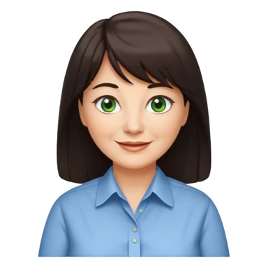 60 yr old woman, green eyes, long straight dark brown hair, business shirt, chubby, bangs sticker