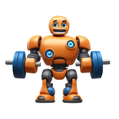 A Disney Pixar-style 3D render of a bodybuilder robot's face with blue eyes in a gym. show only the face and torso. The robot is wearing an orange tank top, holding a dumbbell, and has a confident, friendly expression sticker