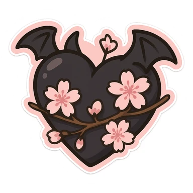 goth sakura heart, black heart with sakura branch and blossoms, pink highlights, playful and sweet sticker