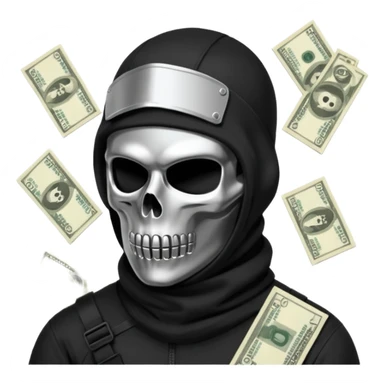 3D isometric icon, black tactical balaclava over a chrome skull, pile of abstract money, brutalist aesthetic, black background. sticker