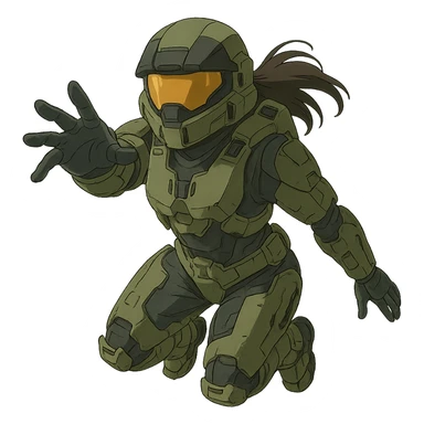 1 female, strengthened sIII spartan-3 helmet with a black visor, a tactical female space warrior floating in zero-g EVA operations, reaching in front of her sticker