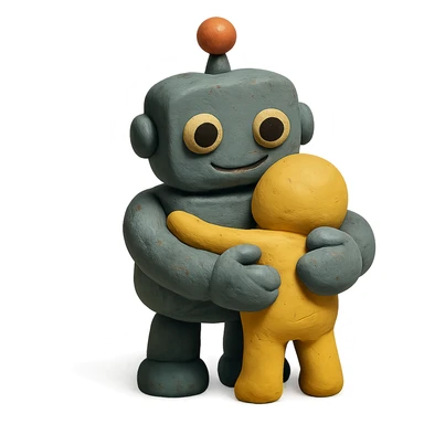 claymation style of a robot giving a warm hug sticker
