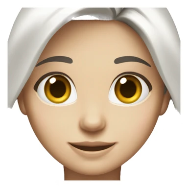 A woman with long dark hair, hazel eyes, and white skin. Her smiing and with a white shirt sticker