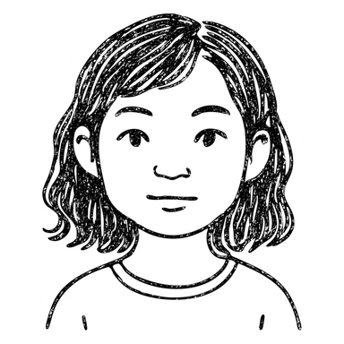 portrait of an Asian girl with medium brown wavy hair and brown eyes, paler skin tone, hand drawn outlined style sticker