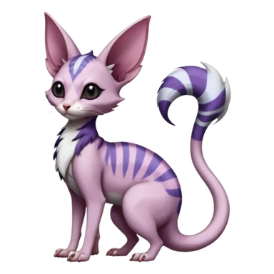 scaly, Purple, white, black, Minccino-Sphynx-Lykoi-Linoone-Zangoose-fusion-hybrid-animal-Fakémon-creature, full body, thin long sleek scaly tail, intricate markings sticker