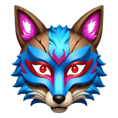 Ancient wooden mask, split in half, luminous and neon with red, blue and pink fox-like glow. sticker