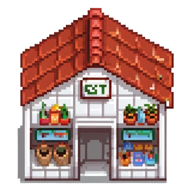 isometric supermarket building with red tiled roof, store entrance, and small parking area sticker