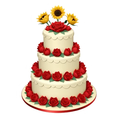 A large three teir cake with first mayer decorated with roses, second with Sunflowers and third with Tulips and Happy Birthday Dear written on top. sticker