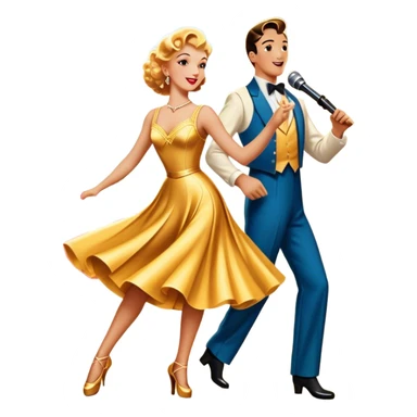 Vintage movie poster-style icon for a musical film. The cityscape glows in the background, evoking the golden era of musicals. A vibrant street scene with bright lights, dancers mid-step, a singer with a microphone. Transparent background. sticker