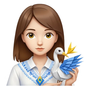 Ukrainian young girl with brown hair wearing a white embroidered shirt holds an origami yellow-blue crane sticker