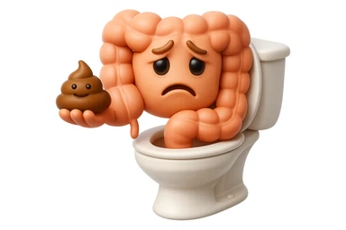 emoji stile iphone di un intestino realistico 3d che esce dal wc con in mano una montagnetta di feci con espressione triste a palline, iperrealistico 4k sticker