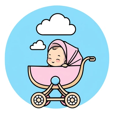 peaceful sleeping baby with closed eyes in pink and beige stroller with pastel blue clouds decoration sticker