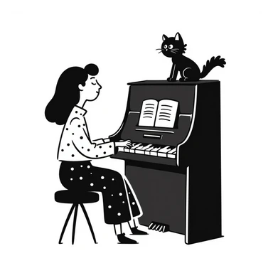 woman playing piano while her cat sits on top of the piano sticker