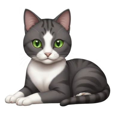 beautiful female solid dark grey cat with green eyes, white toes/paws and white patch on her chest rolling over sticker