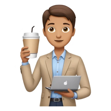business owner confidently, holding a closed laptop in one hand and a takeaway coffee cup in the other. The character wears casual-smart clothes. sticker