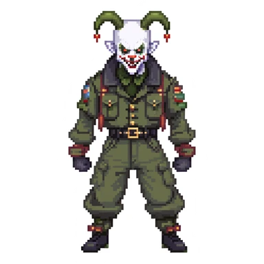 evil clown soldier, bald, short black devil horns on forehead, fangs, pointed ears, black and military green clothes with bellbottom pants, realistically proportioned, less bulky, full body, fighting stance sticker