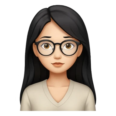 medium tan asian woman with long black hair past middle of back, round brown eyes, white v neck blouse. she has black thick frame glasses on. sticker