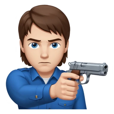 guy w medium long brown hair and blue eyes with gun pointed towards him sticker