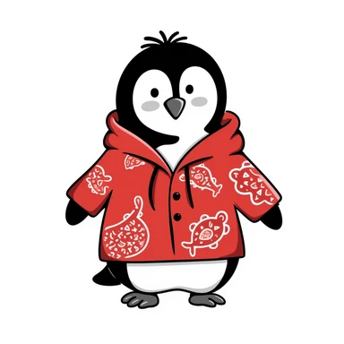 penguin wearing a red paisley pattern hoodie sticker