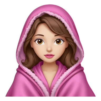 girl with long wavy brown hair, brown eyes, long lashes makeup, sexy pink lips, light to medium complexion, wearing a pink sexy silk top, big blanket over the head cozy  sticker