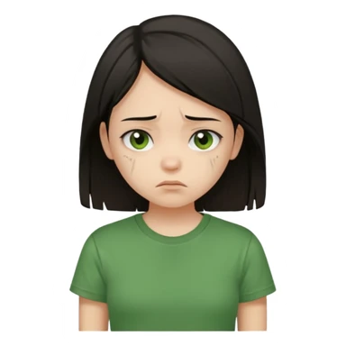 Young girl with straight, dark hair, damaged and unattractive, wearing a green T-shirt, with a sad and subdued expression. sticker
