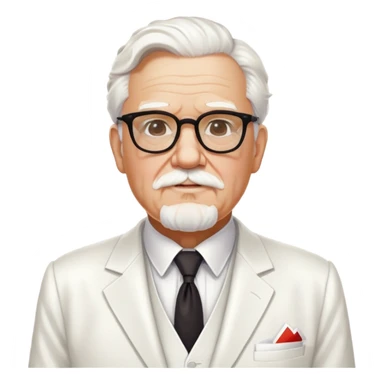 Colonel Sanders, old white man with square glasses, white goatee beard, white suit, KFC founder sticker