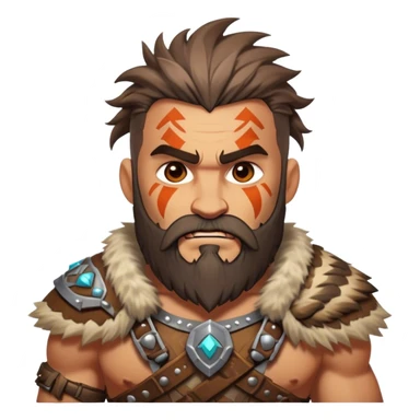 Clash of Clans style: Cinematic Rugged Barbarian Portrait Emoji, Intense and formidable with a stylized build, a rugged beard and expressive eyes, adorned in playful, battle-worn furs and cartoonish armor with tribal markings, Simplified yet powerfully detailed features, highly detailed, glowing with a deep, adventurous energy, high shine, spirited and determined, stylized with an air of raw, untamed power, soft glowing outline, capturing the essence of a barbarian warrior ready to lead epic quests! sticker