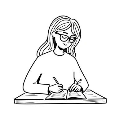 blonde woman wearing glasses, writing in a notebook sticker