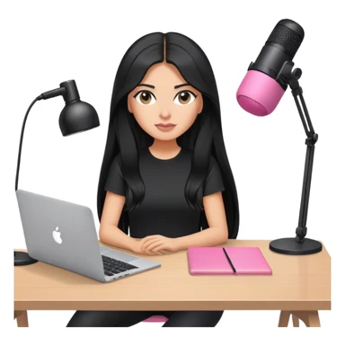 tanned long black hair woman, sat at desk with pink MacBook, podcast microphone black top and pink, sexy, glass table sticker