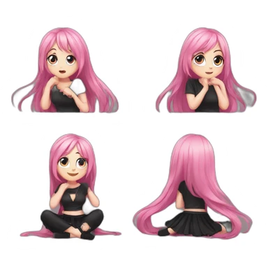 Full body Front view curvy emo girl pink hair sits on the floor straight view hands up black skirt полосатые рваные чулки sticker