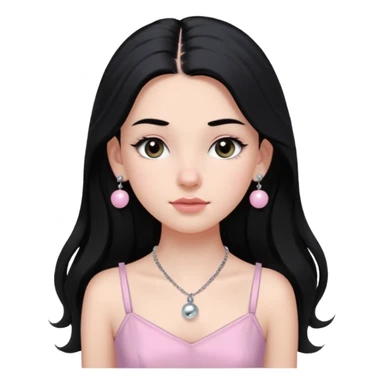 Menina branca ,cabelos longos cor preta , olhos cor preta puxados para cima. Cílios longos, lábios grossos ,nariz pequeno.vestido rosa claro de alça. Colar e brinco bolinha prata pequeno. Jovem de 16 anos  sticker