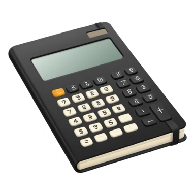 Minimalistic flat vector icon, iOS style, thin black contour on white background. Small black notebook with visible binding, placed next to a calculator. Clean, modern, no text, no shadows. sticker
