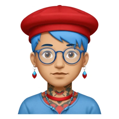 unique looking tourist with big unique red tourist felt hat and earrings, man with lots of tattoes and spectacles, blue hair showing sticker