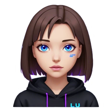 brown haired girl with a bob blue eyes wearing black hoody with violet letters "Lu", winks. Cyberpunk style. Violet neon. sticker